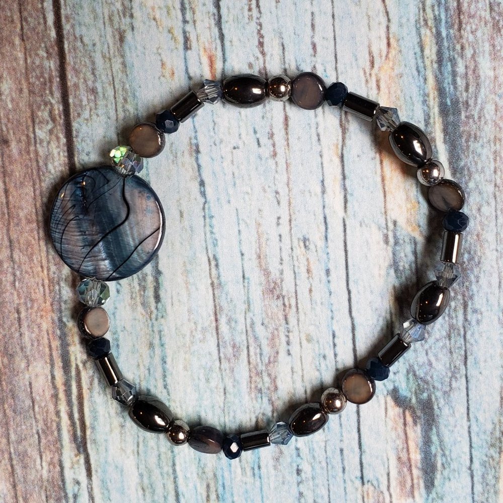 Blue Tone Rivershell and Hematite Stretch Bracelet